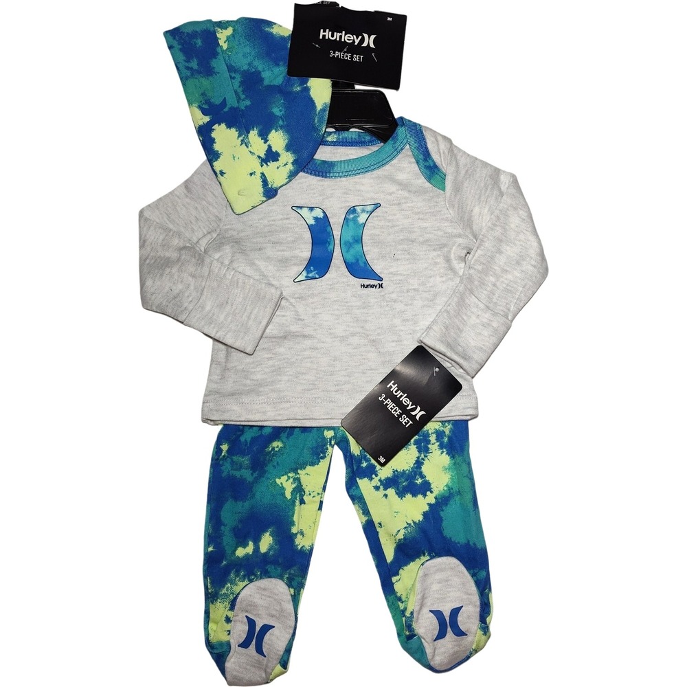 Hurley Baby Tie Dye 3 Mos Outfit‎ Set 3pc Gray Blue Unisex Hat Pants Shirt NWT